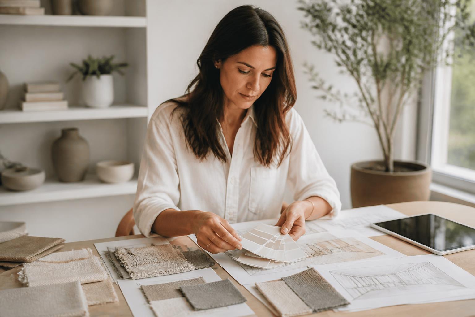 Woman planning a home project with color swatches in natural light