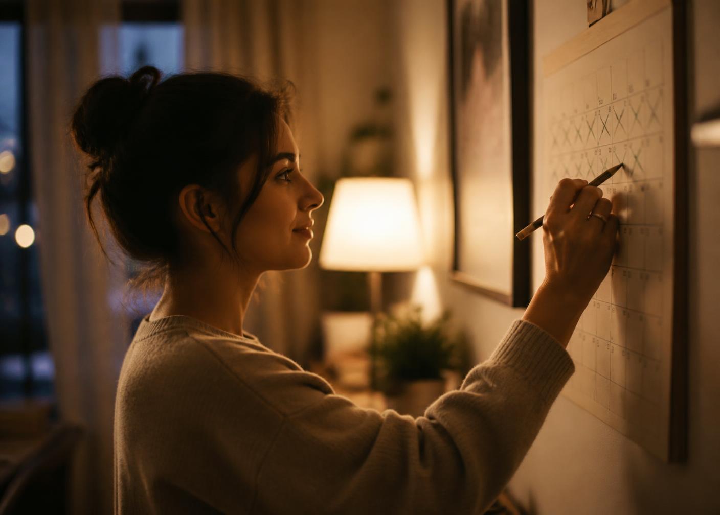 Woman marking daily progress on a paper calendar at home