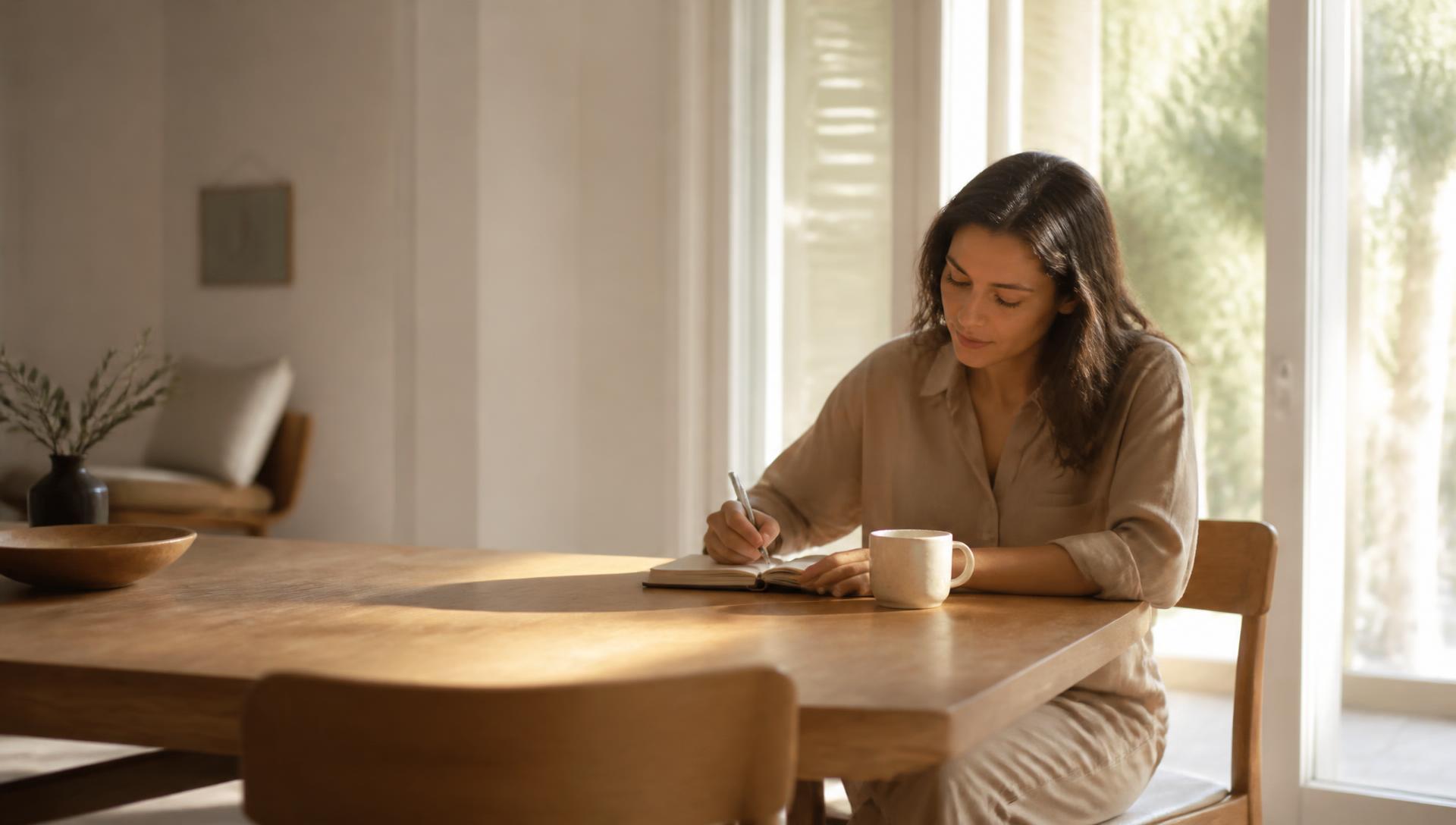 Woman writing her goals in a notebook at a sunlit table