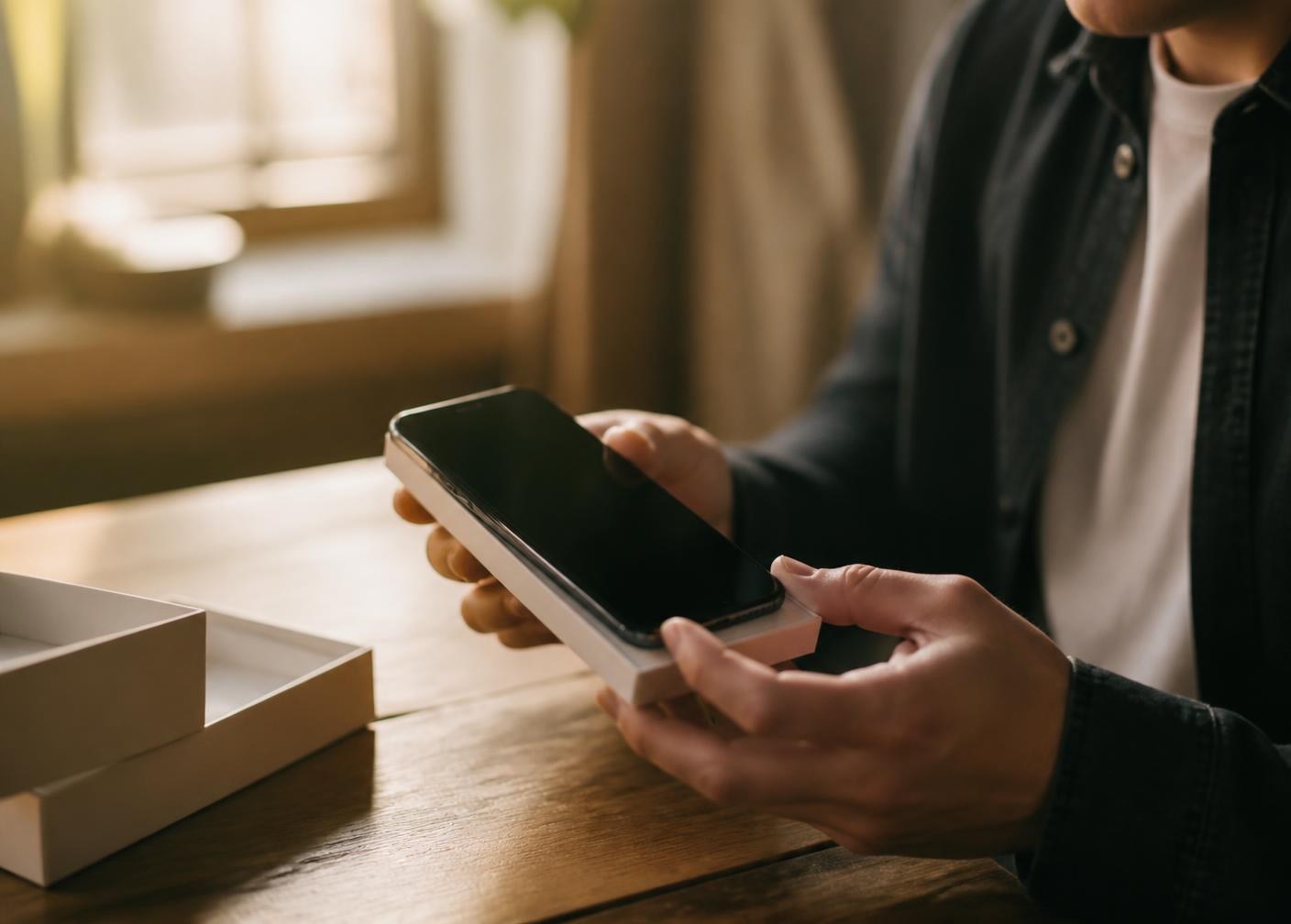Hands opening the box of a new phone on a wooden table