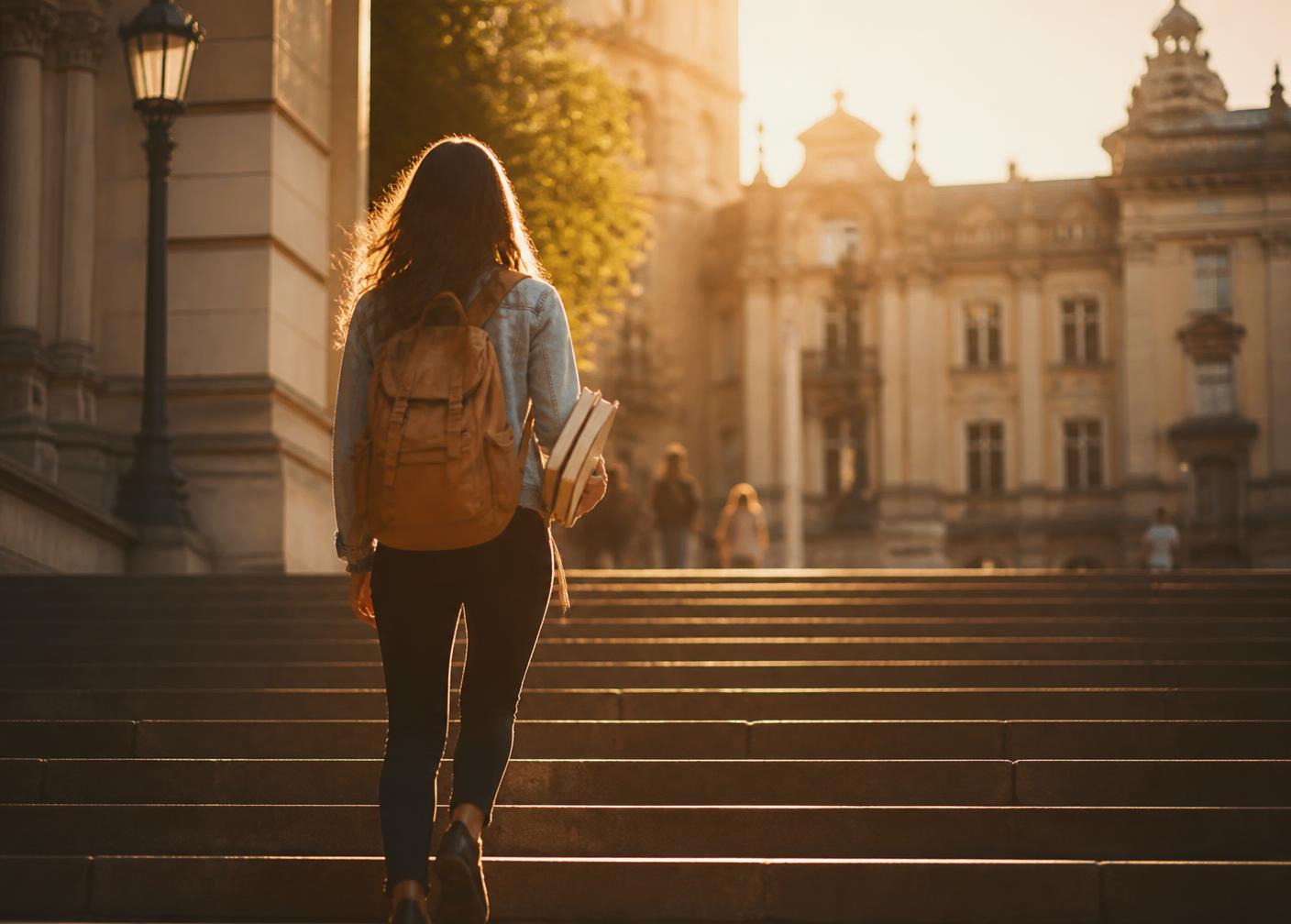 Student walking up university steps in late afternoon light