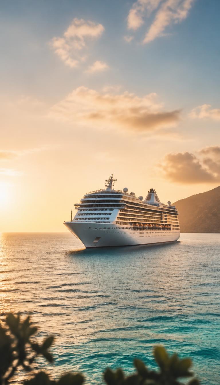 Cruise ship at sea during golden hour