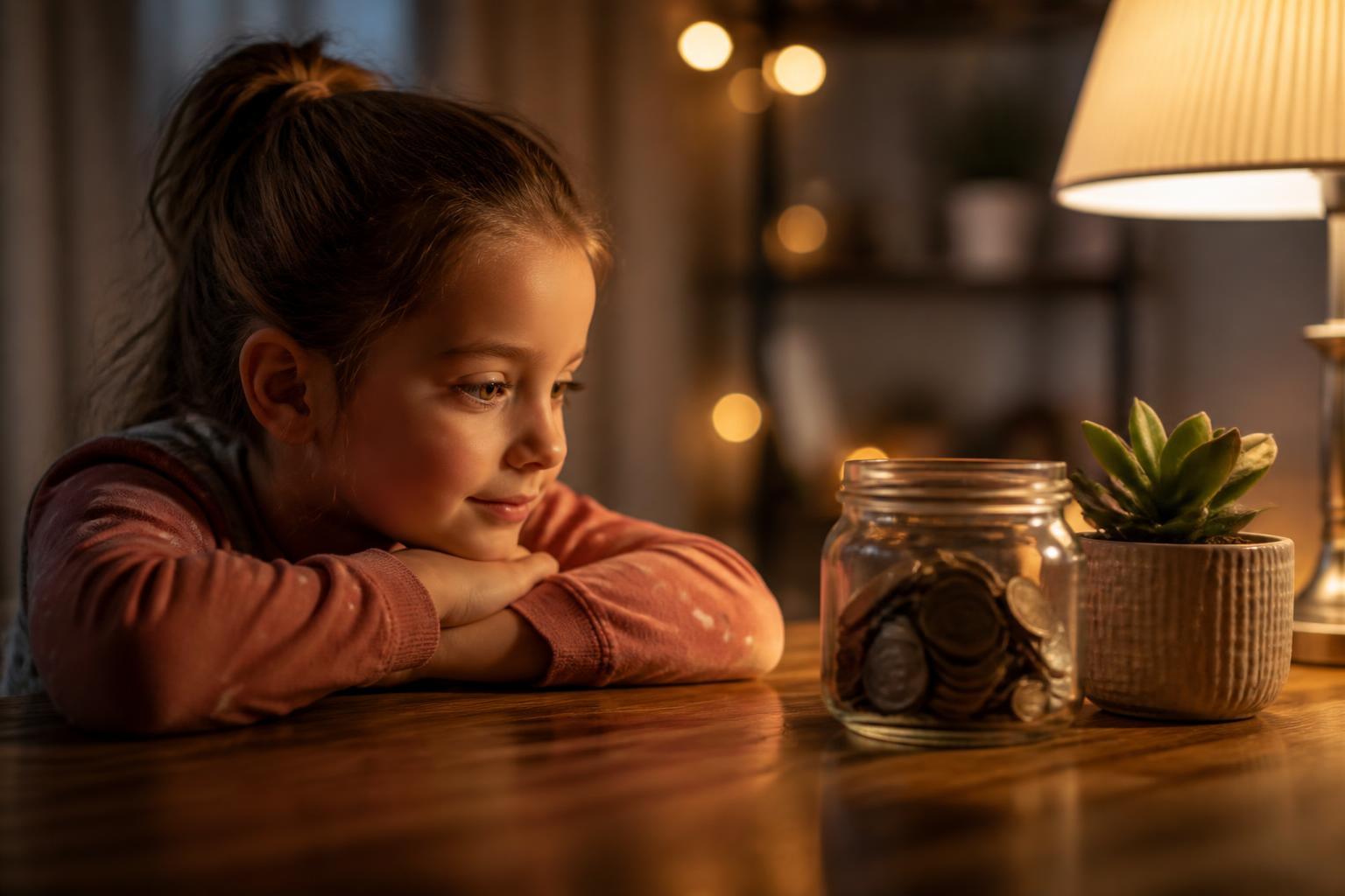 Child looking at a glass coin jar under warm lamp light