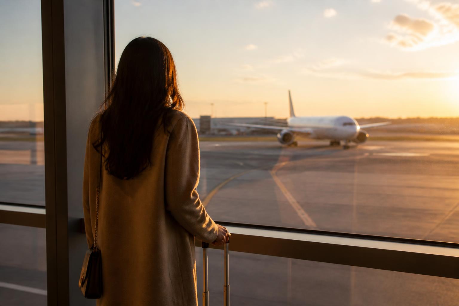 Traveler watching a plane through an airport window at sunrise